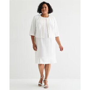 White Pearl Trim Jacket & Dress Size 18 2X Wedding Mother of Bride Groom Plus Sz